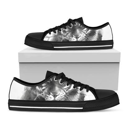 Monochrome Watercolor White Tiger Print Black Low Top Shoes 
