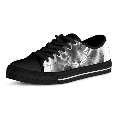 Monochrome Watercolor White Tiger Print Black Low Top Shoes 