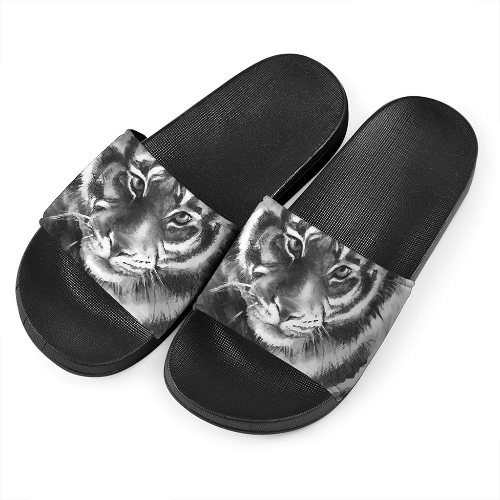 Monochrome Watercolor White Tiger Print Black Slide Sandals