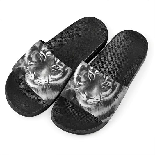 Monochrome Watercolor White Tiger Print Black Slide Sandals