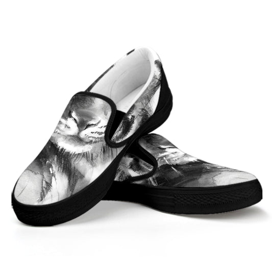 Monochrome Watercolor White Tiger Print Black Slip On Shoes
