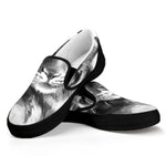 Monochrome Watercolor White Tiger Print Black Slip On Shoes