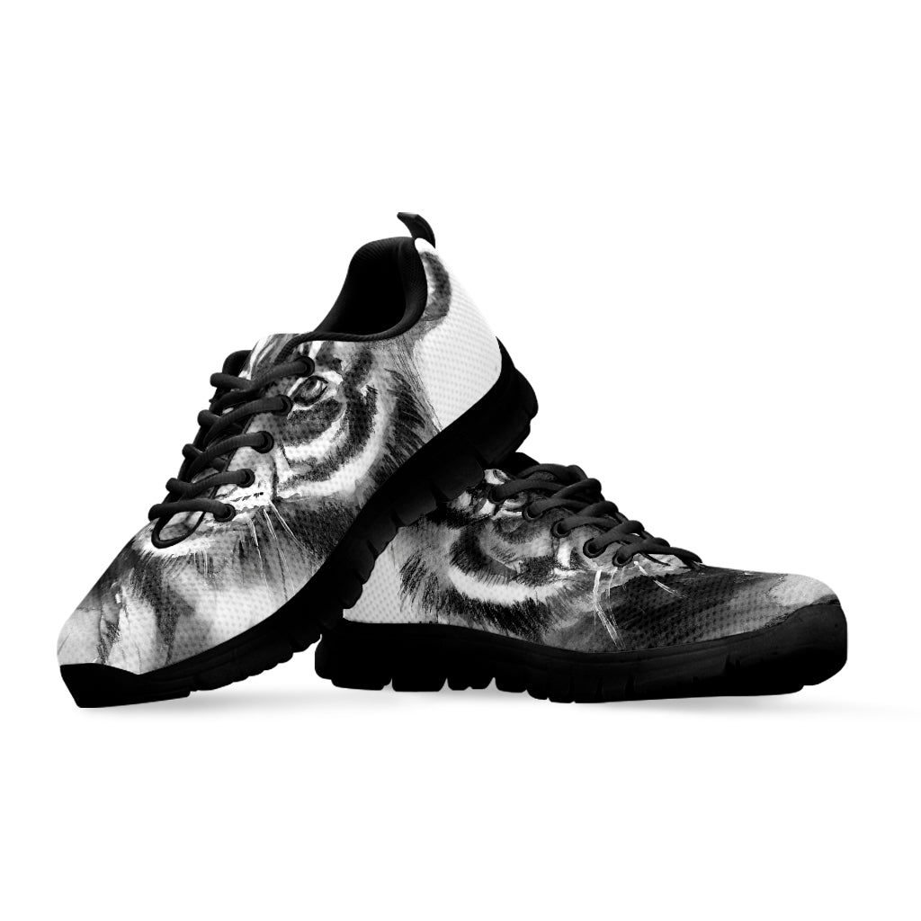 Monochrome Watercolor White Tiger Print Black Sneakers
