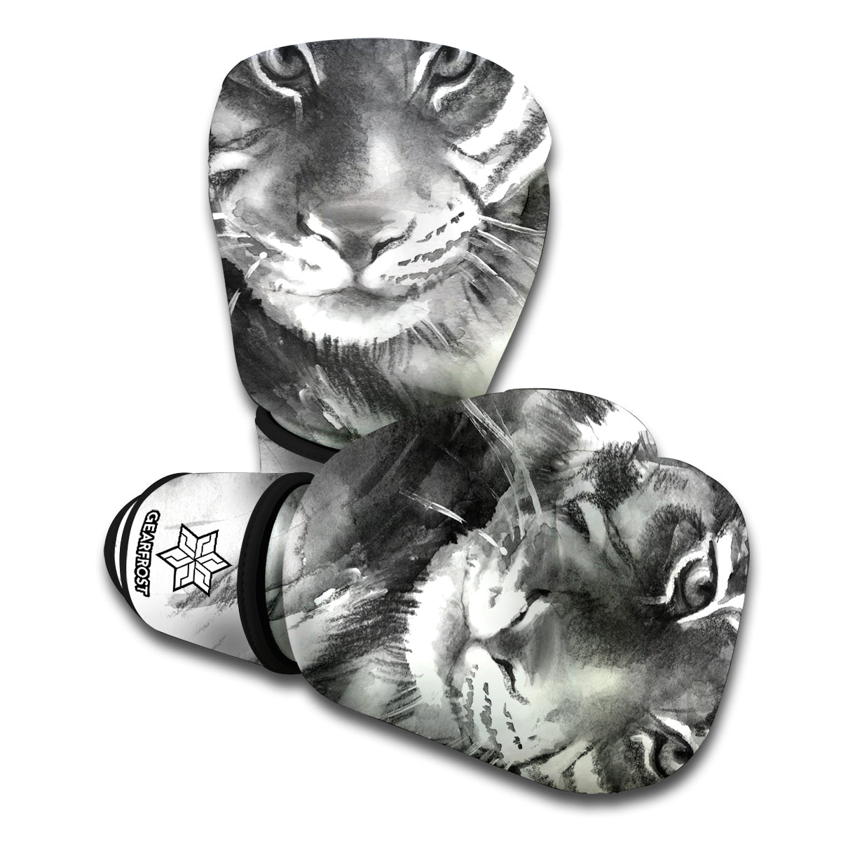 Monochrome Watercolor White Tiger Print Boxing Gloves