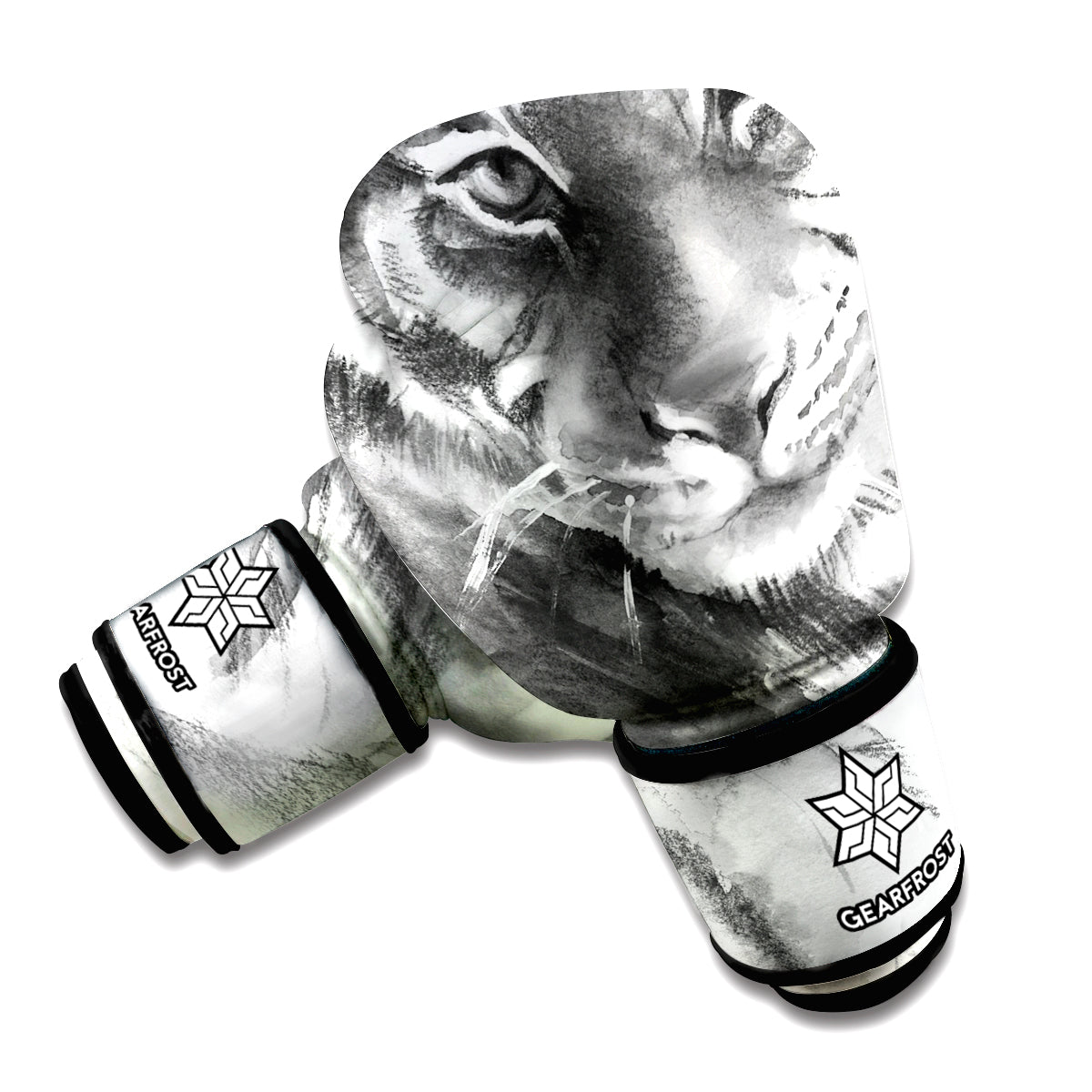 Monochrome Watercolor White Tiger Print Boxing Gloves