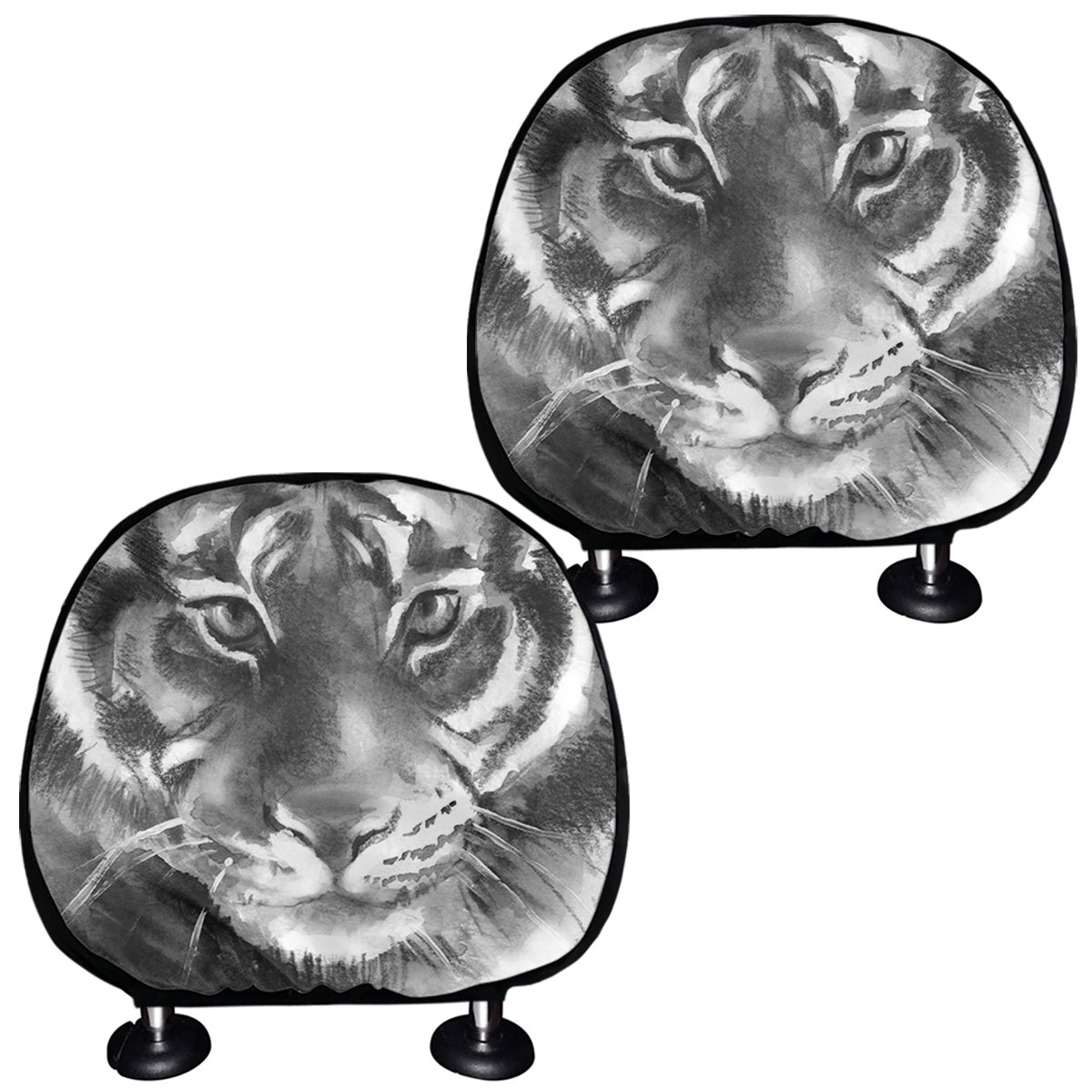 Monochrome Watercolor White Tiger Print Car Headrest Covers