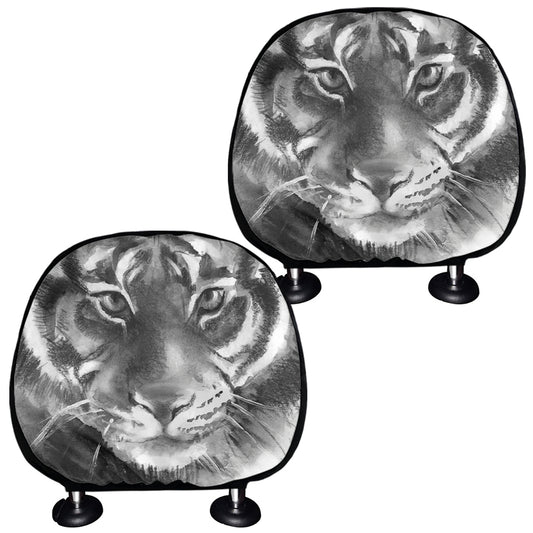 Monochrome Watercolor White Tiger Print Car Headrest Covers