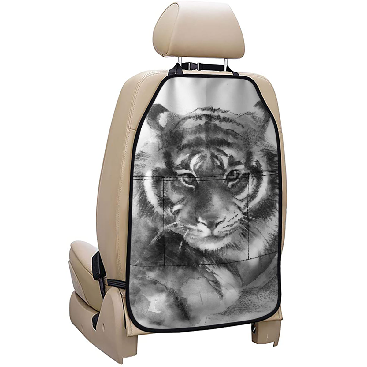 Monochrome Watercolor White Tiger Print Car Seat Organizers