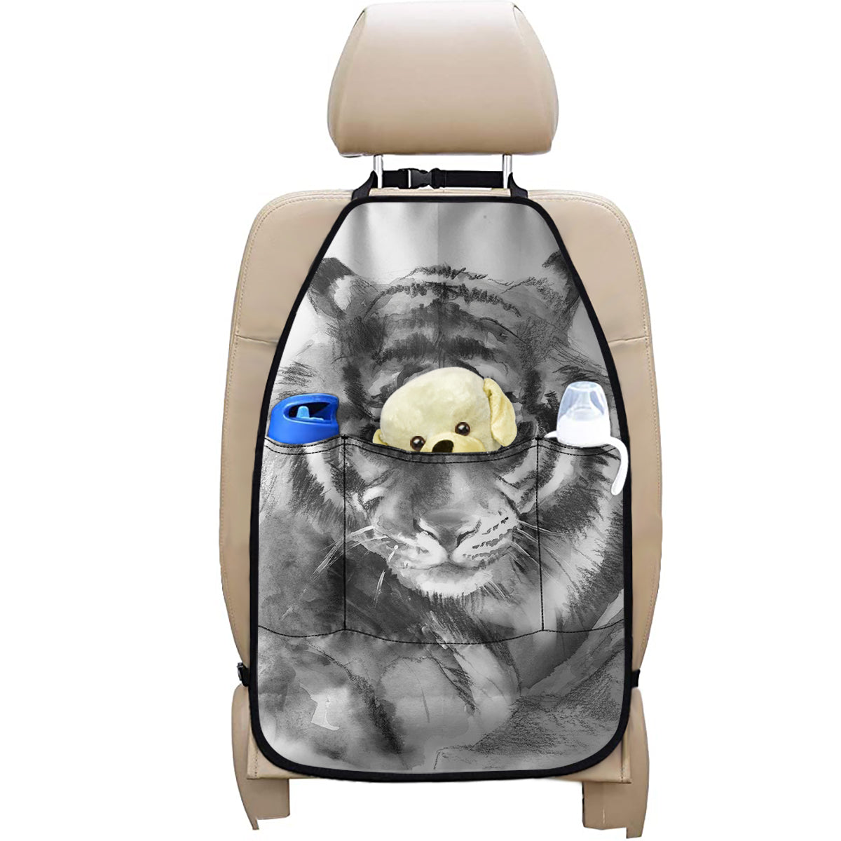 Monochrome Watercolor White Tiger Print Car Seat Organizers