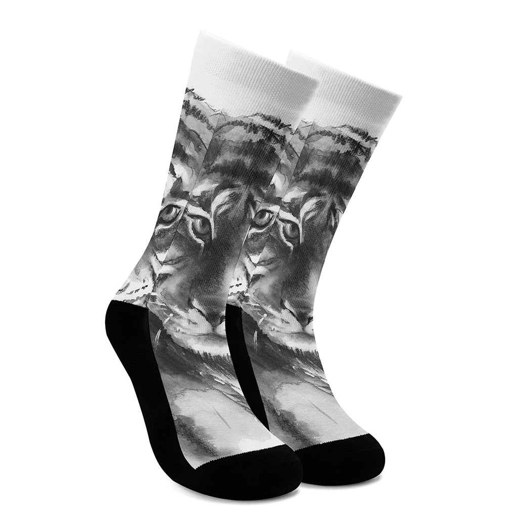 Monochrome Watercolor White Tiger Print Crew Socks