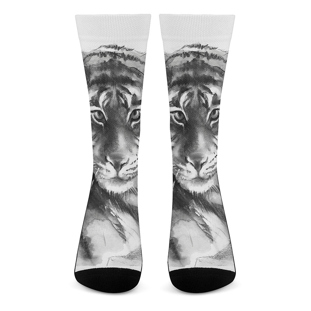 Monochrome Watercolor White Tiger Print Crew Socks