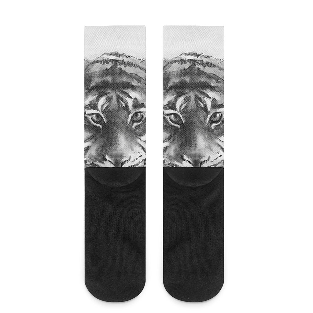 Monochrome Watercolor White Tiger Print Crew Socks