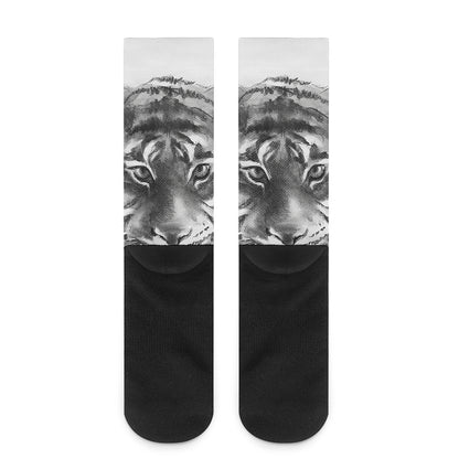 Monochrome Watercolor White Tiger Print Crew Socks