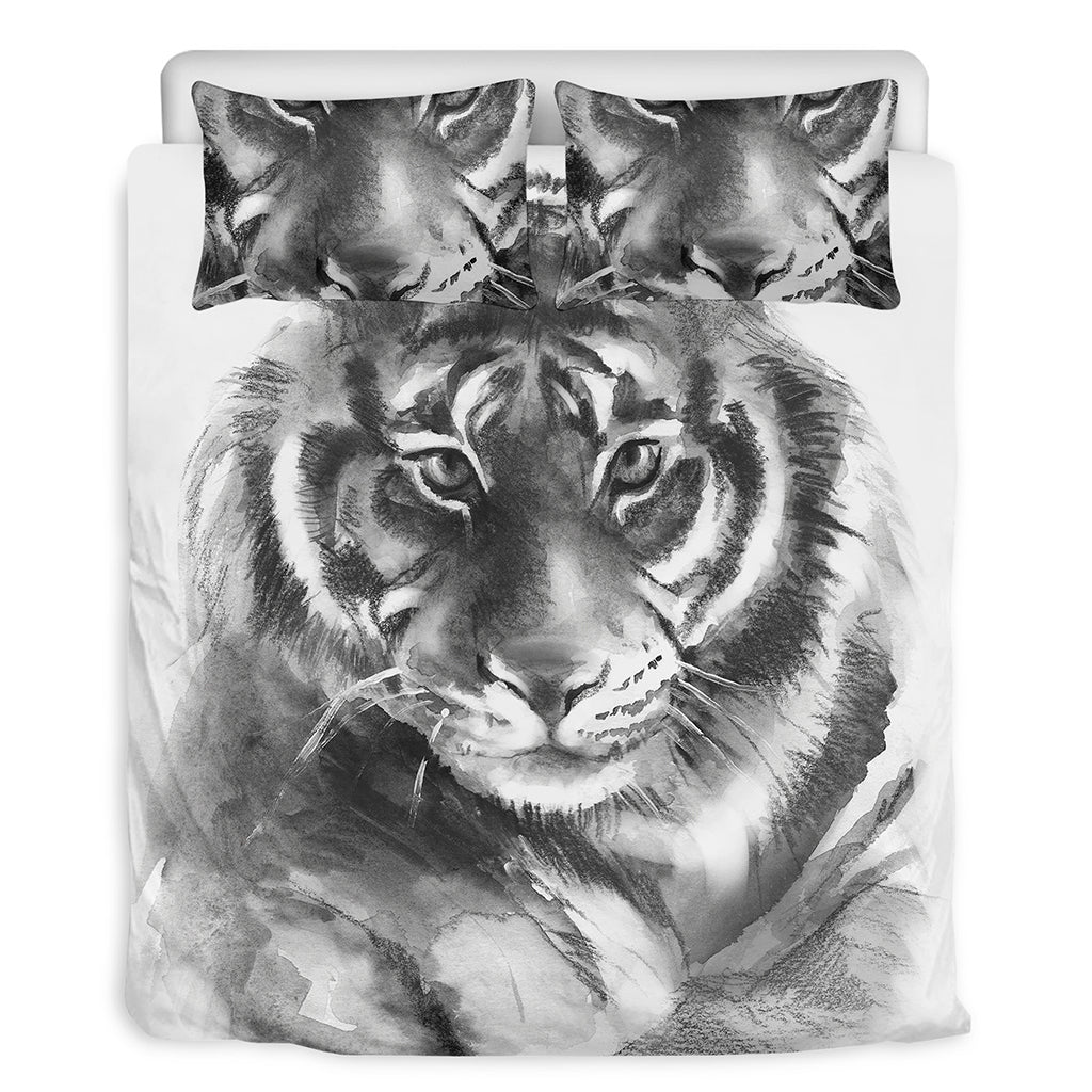 Monochrome Watercolor White Tiger Print Duvet Cover Bedding Set