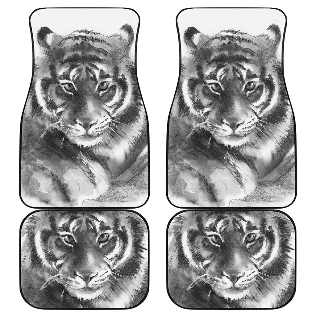 Monochrome Watercolor White Tiger Print Front and Back Car Floor Mats