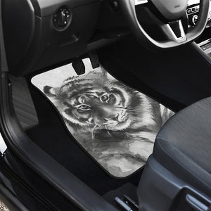 Monochrome Watercolor White Tiger Print Front and Back Car Floor Mats