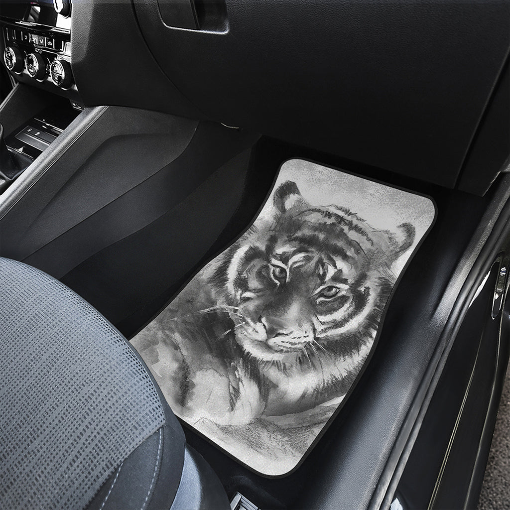 Monochrome Watercolor White Tiger Print Front and Back Car Floor Mats