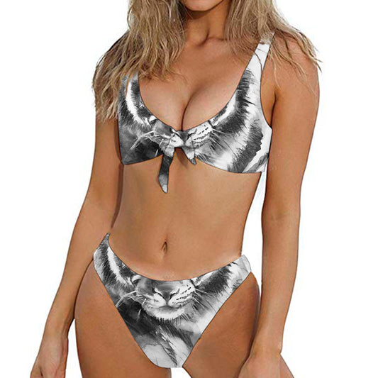 Monochrome Watercolor White Tiger Print Front Bow Tie Bikini