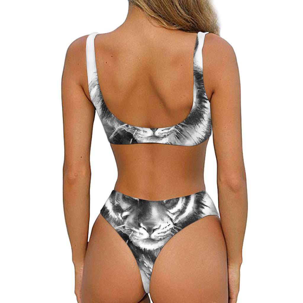Monochrome Watercolor White Tiger Print Front Bow Tie Bikini