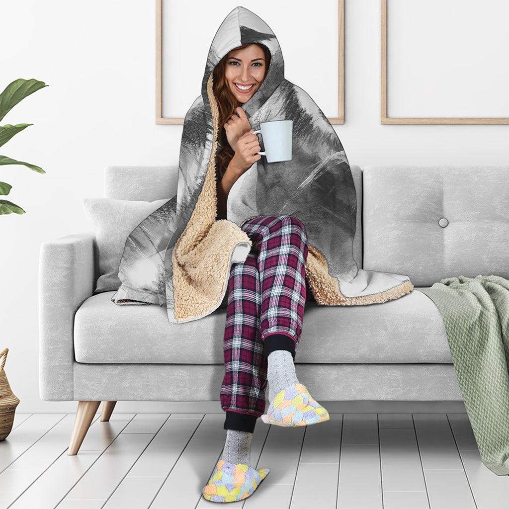 Monochrome Watercolor White Tiger Print Hooded Blanket