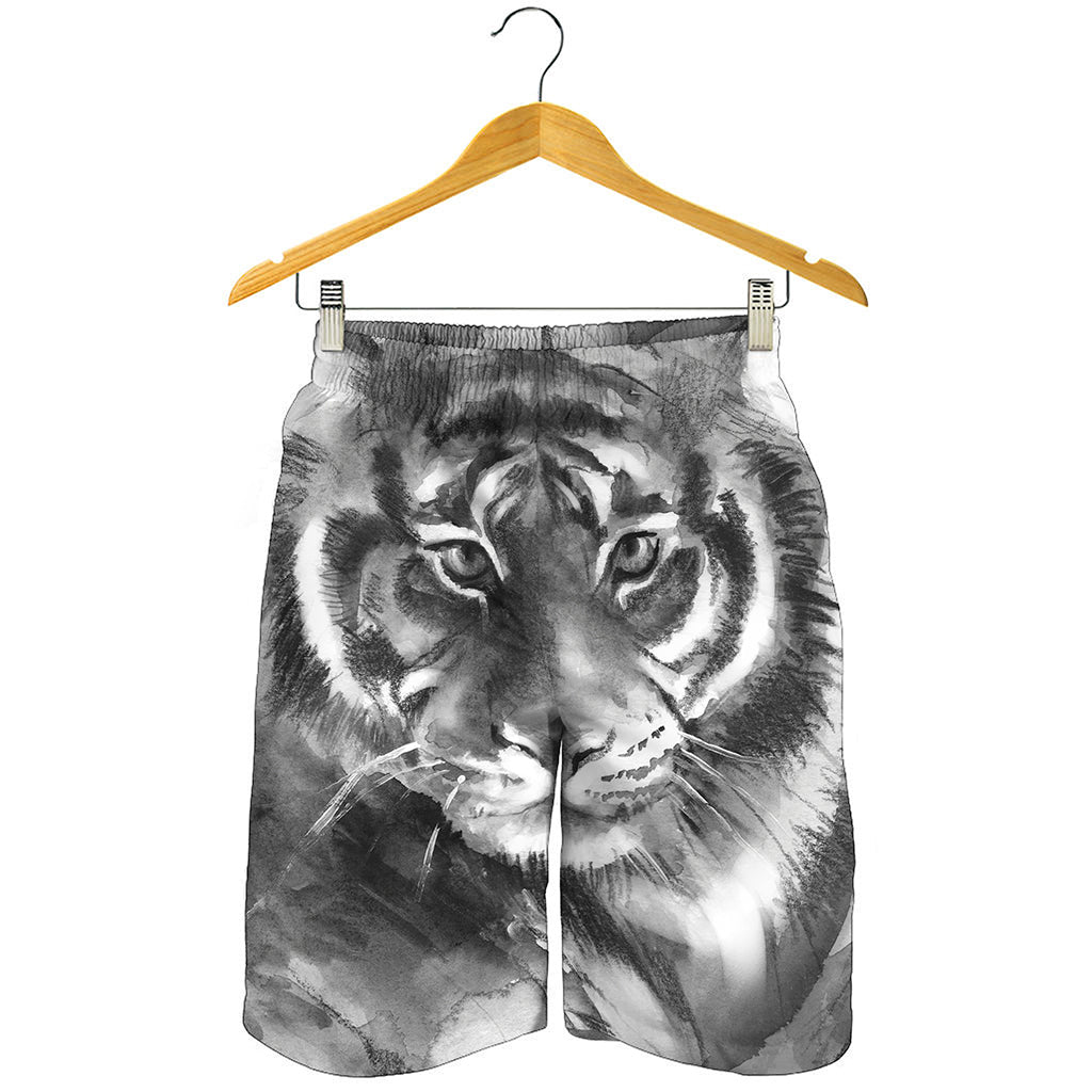 Monochrome Watercolor White Tiger Print Men's Shorts