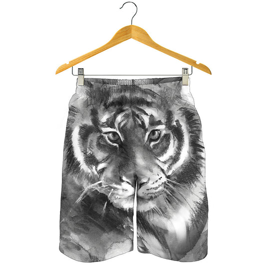 Monochrome Watercolor White Tiger Print Men's Shorts