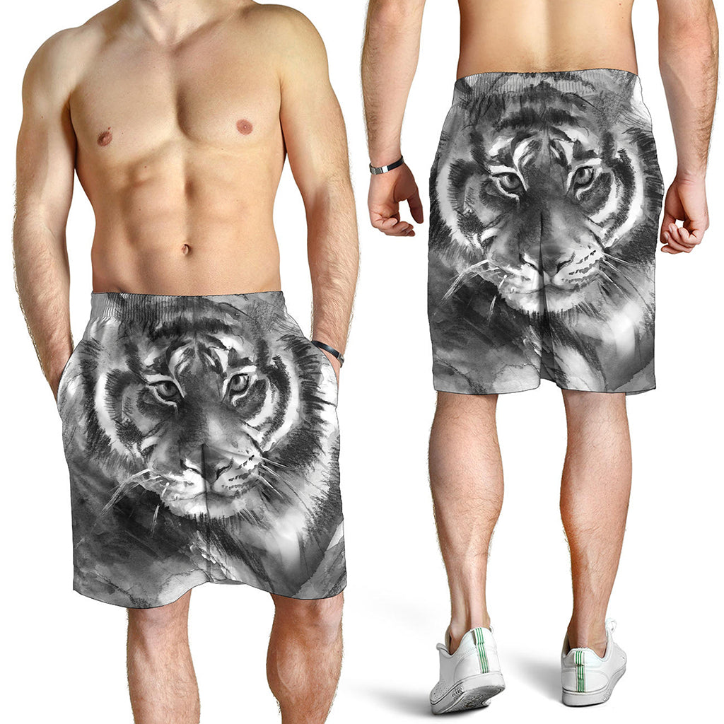 Monochrome Watercolor White Tiger Print Men's Shorts