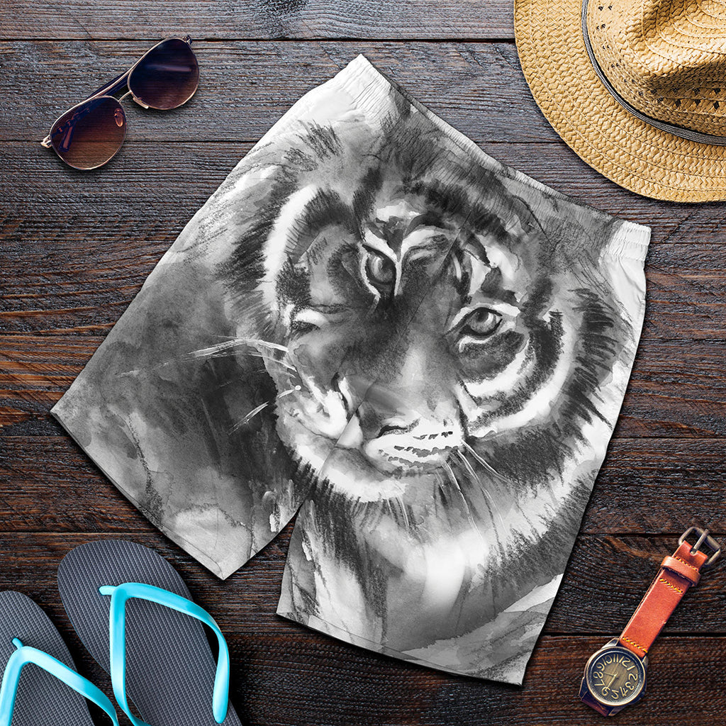 Monochrome Watercolor White Tiger Print Men's Shorts