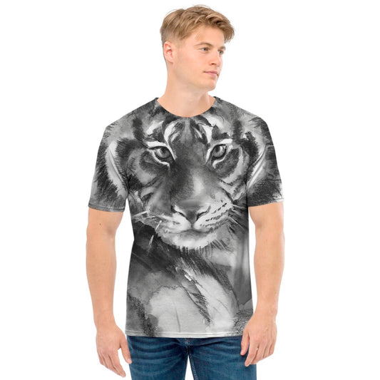 Monochrome Watercolor White Tiger Print Men's T-Shirt