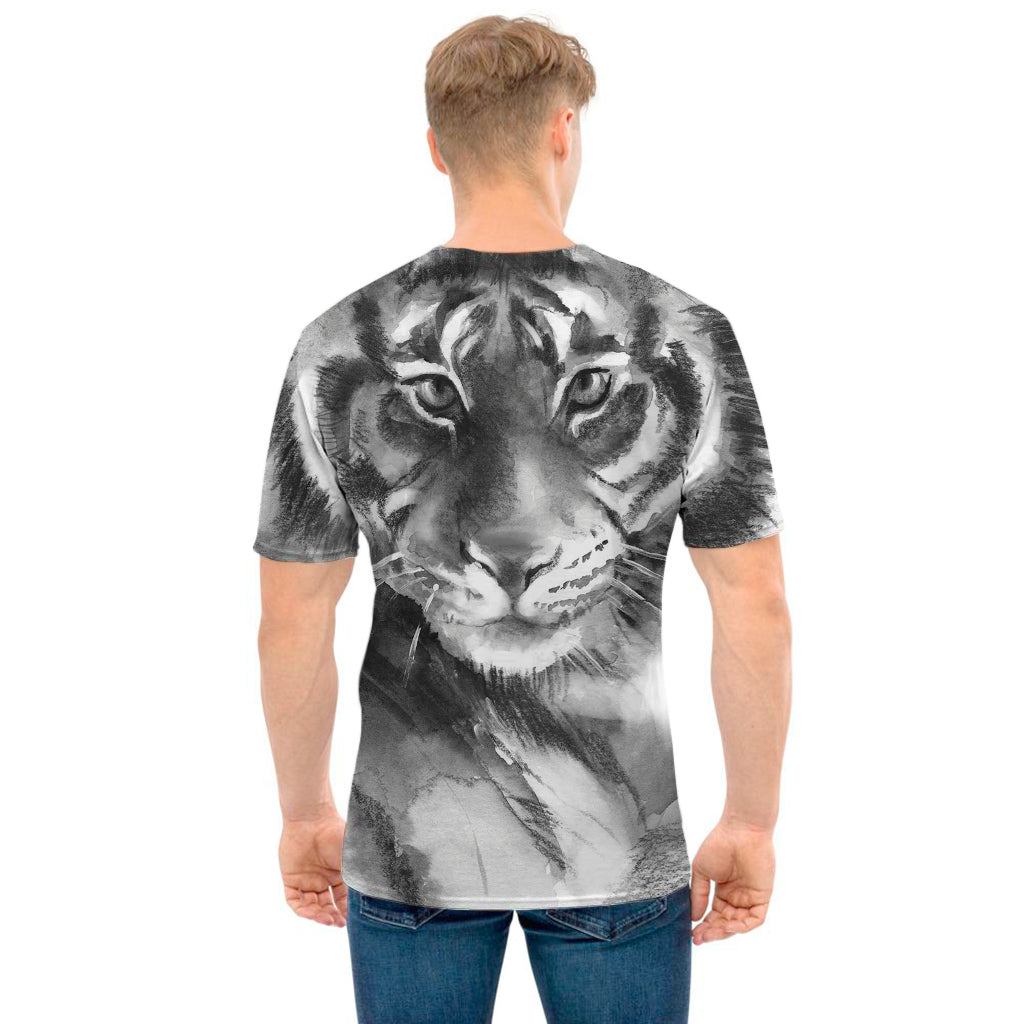 Monochrome Watercolor White Tiger Print Men's T-Shirt