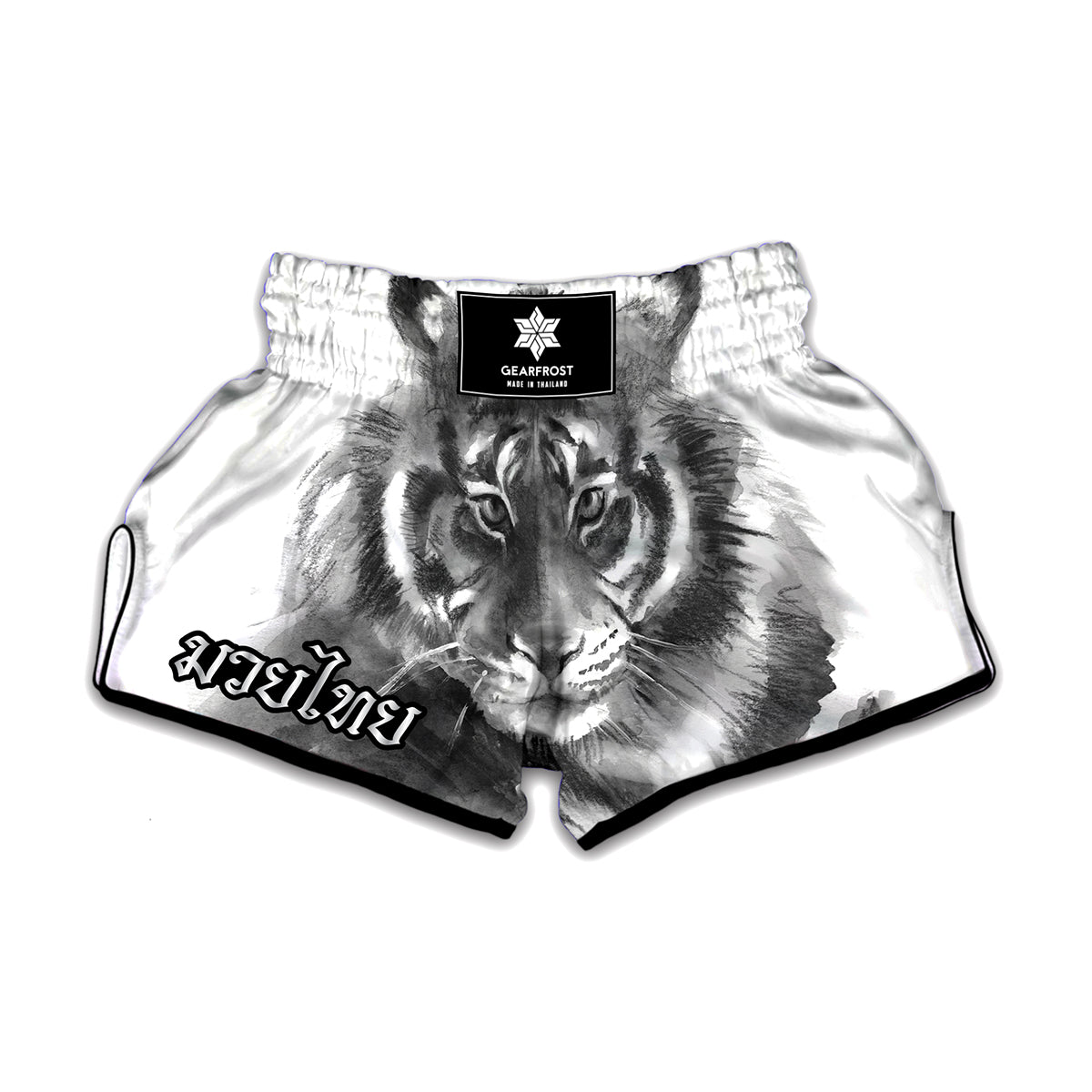 Monochrome Watercolor White Tiger Print Muay Thai Boxing Shorts