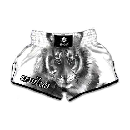 Monochrome Watercolor White Tiger Print Muay Thai Boxing Shorts
