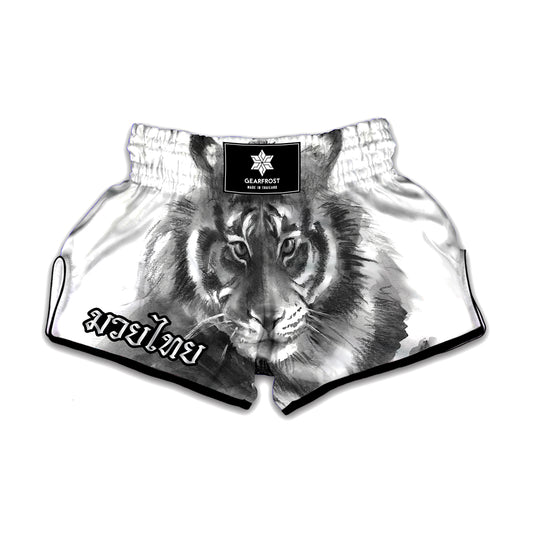Monochrome Watercolor White Tiger Print Muay Thai Boxing Shorts