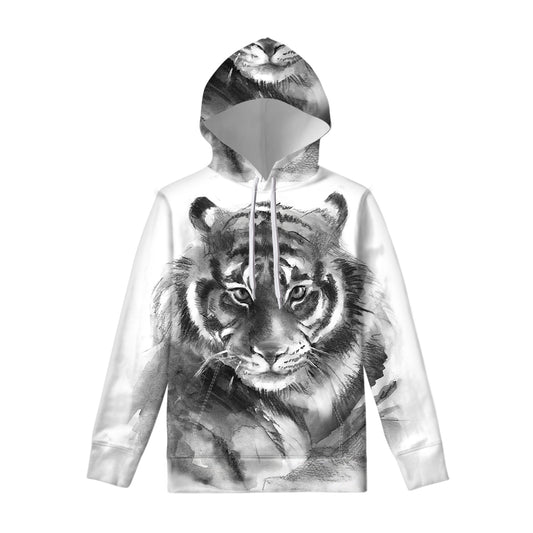 Monochrome Watercolor White Tiger Print Pullover Hoodie