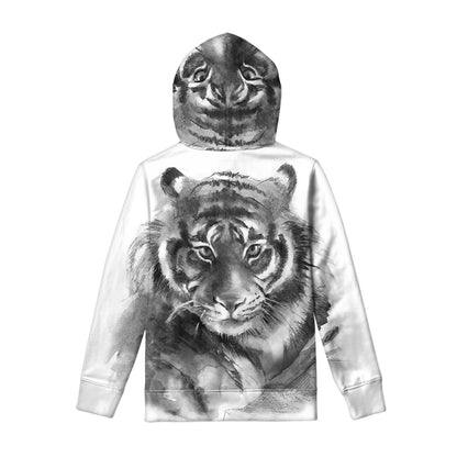 Monochrome Watercolor White Tiger Print Pullover Hoodie