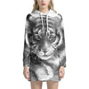 Monochrome Watercolor White Tiger Print Pullover Hoodie Dress