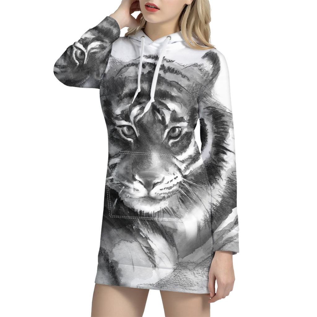 Monochrome Watercolor White Tiger Print Pullover Hoodie Dress