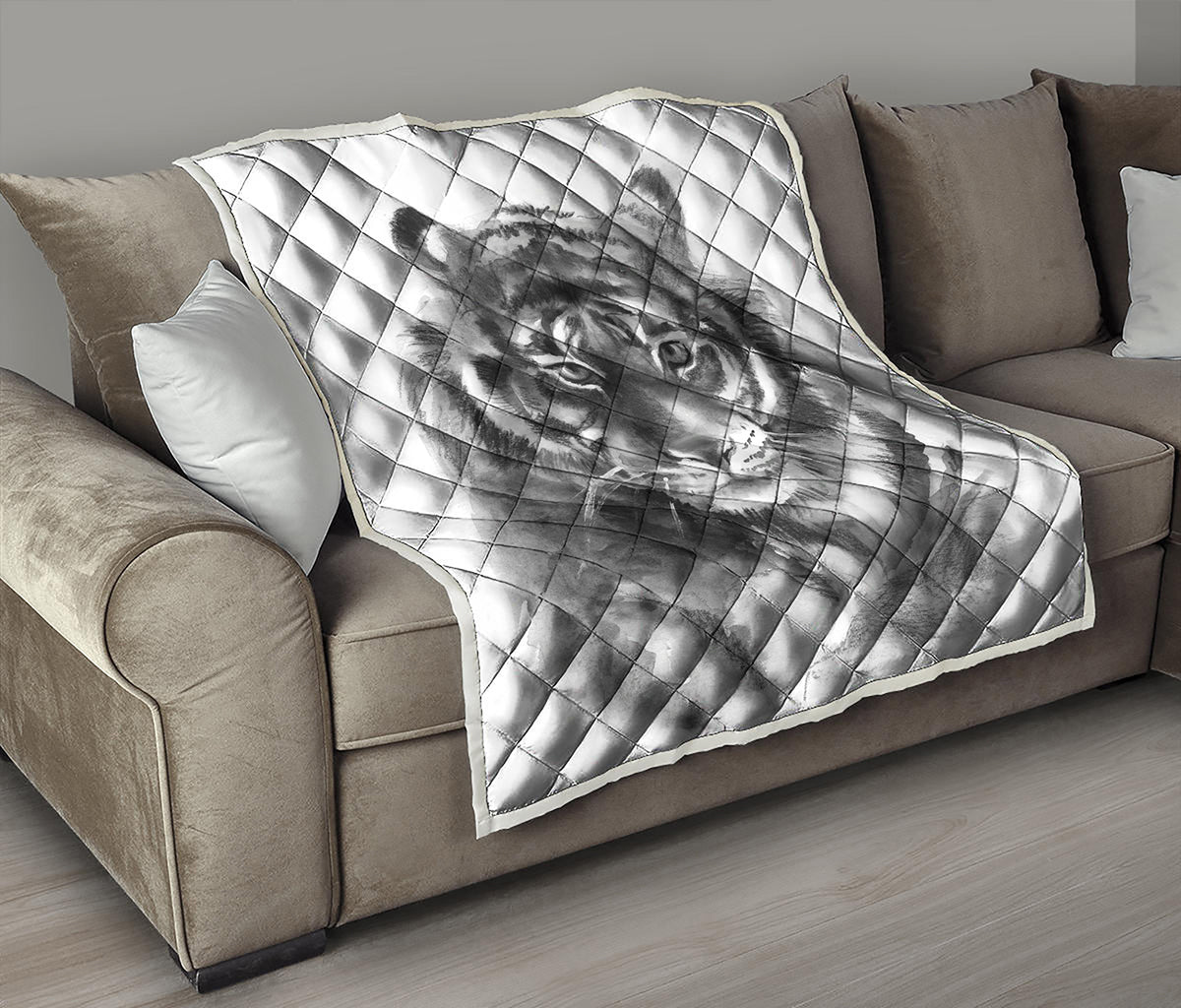 Monochrome Watercolor White Tiger Print Quilt