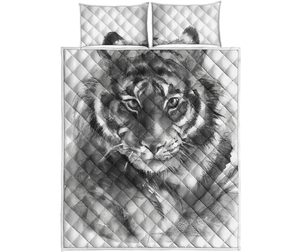 Monochrome Watercolor White Tiger Print Quilt Bed Set