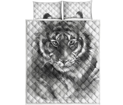 Monochrome Watercolor White Tiger Print Quilt Bed Set