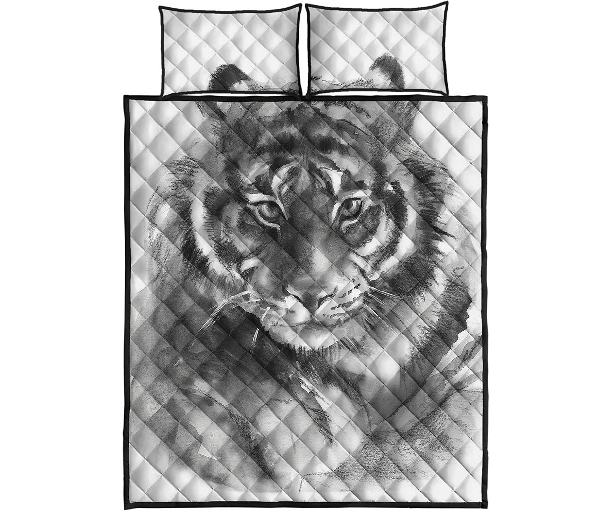 Monochrome Watercolor White Tiger Print Quilt Bed Set