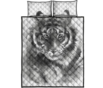 Monochrome Watercolor White Tiger Print Quilt Bed Set