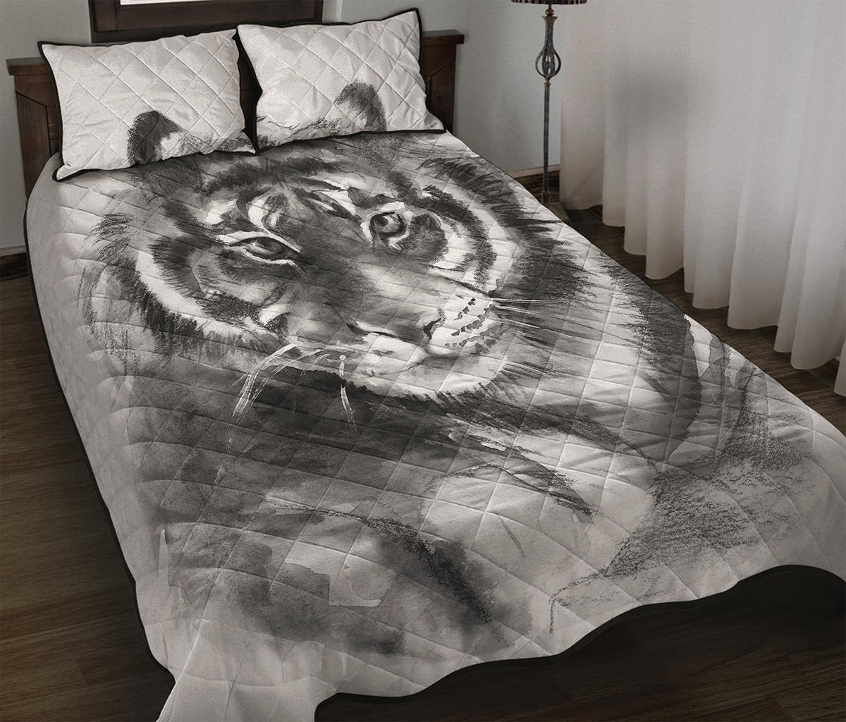 Monochrome Watercolor White Tiger Print Quilt Bed Set