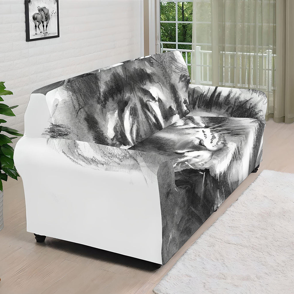 Monochrome Watercolor White Tiger Print Sofa Cover