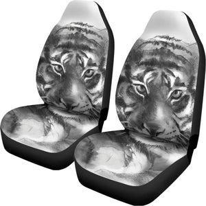 Monochrome Watercolor White Tiger Print Universal Fit Car Seat Covers