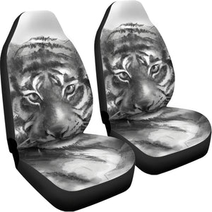 Monochrome Watercolor White Tiger Print Universal Fit Car Seat Covers