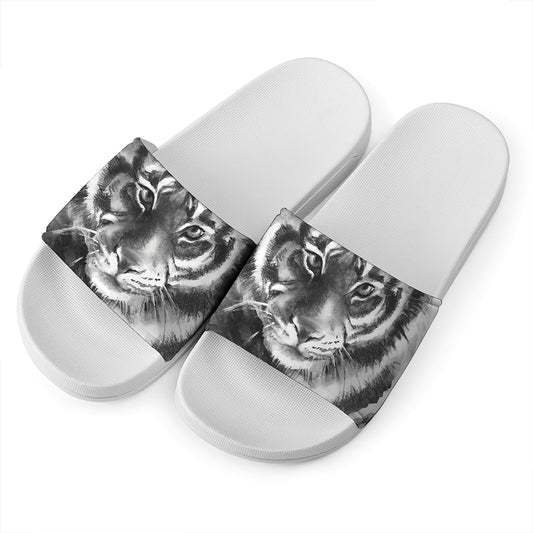 Monochrome Watercolor White Tiger Print White Slide Sandals