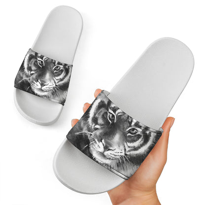 Monochrome Watercolor White Tiger Print White Slide Sandals