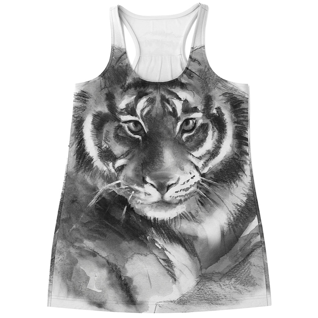 Monochrome Watercolor White Tiger Print Women's Racerback Tank Top