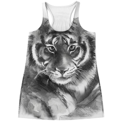 Monochrome Watercolor White Tiger Print Women's Racerback Tank Top